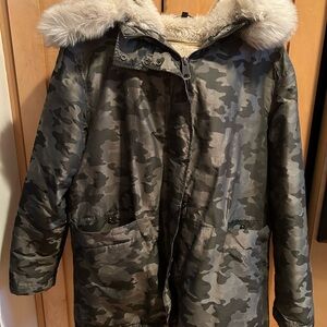 Topshop Camouflage Parka with Faux Fur Hood